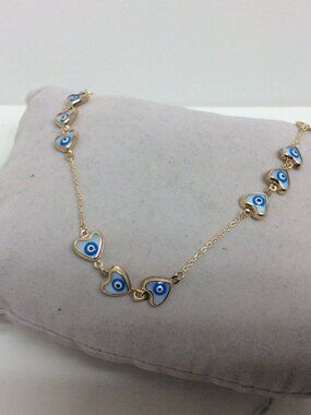 10K Yellow Real Gold Evil Eye Heart Bracelet Good Luck Protect  2.60gr  7''